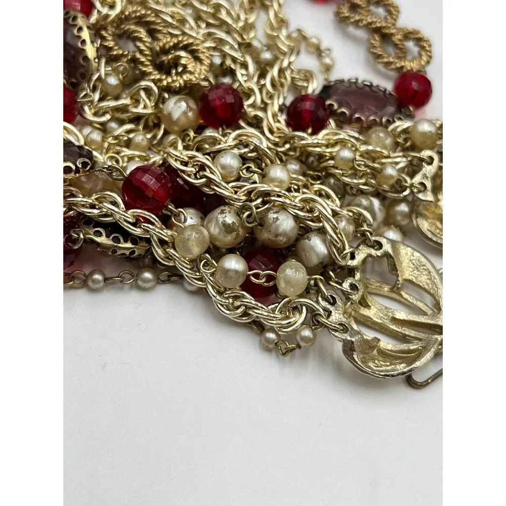 Arthur Pepper ART VintageGold‎ Pearl Red Glass 9 Multi-Strand Statement Necklace